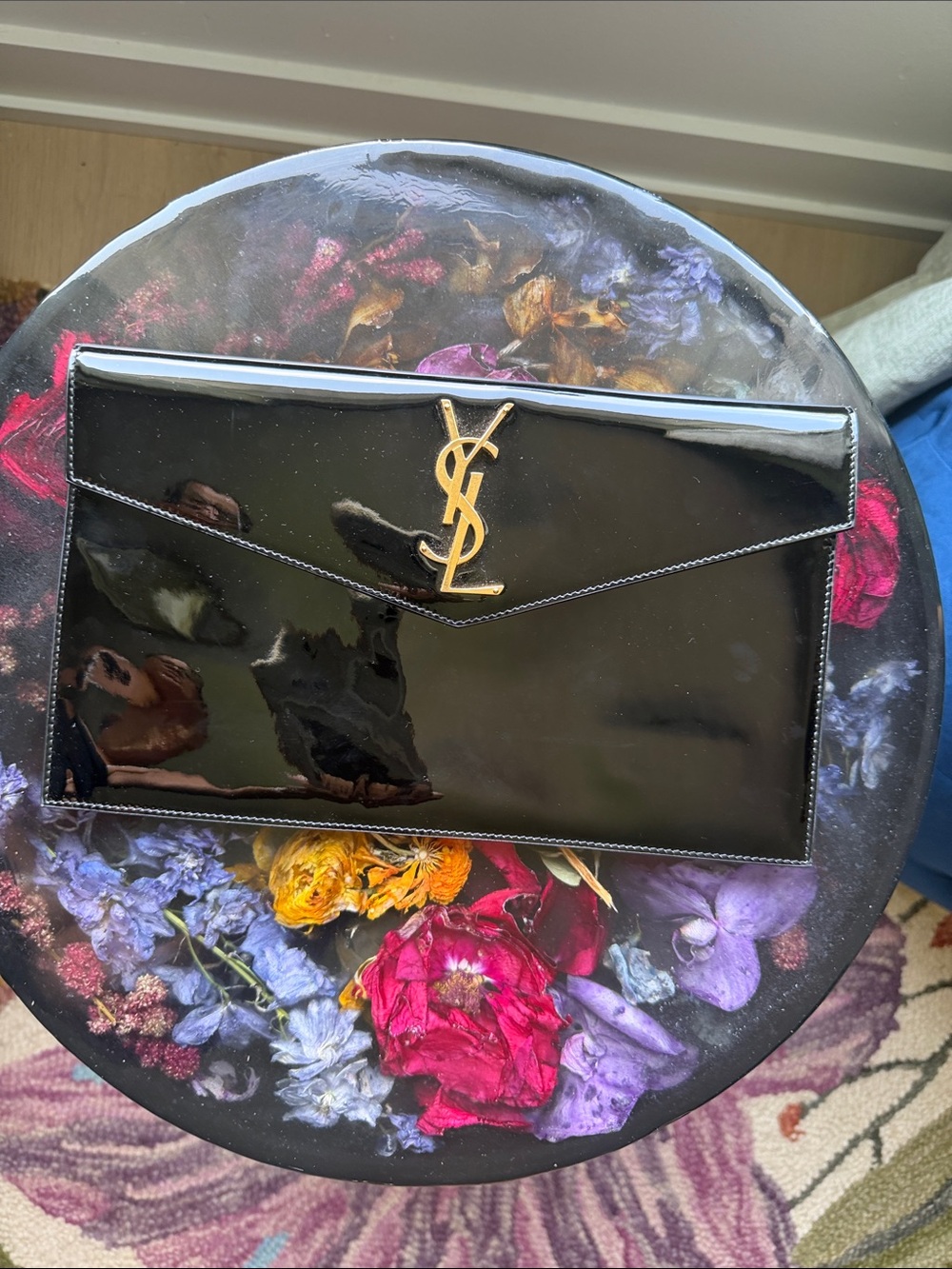 Saint Laurent Black Patent Leather Envelope Clutch with Gold YSL Logo